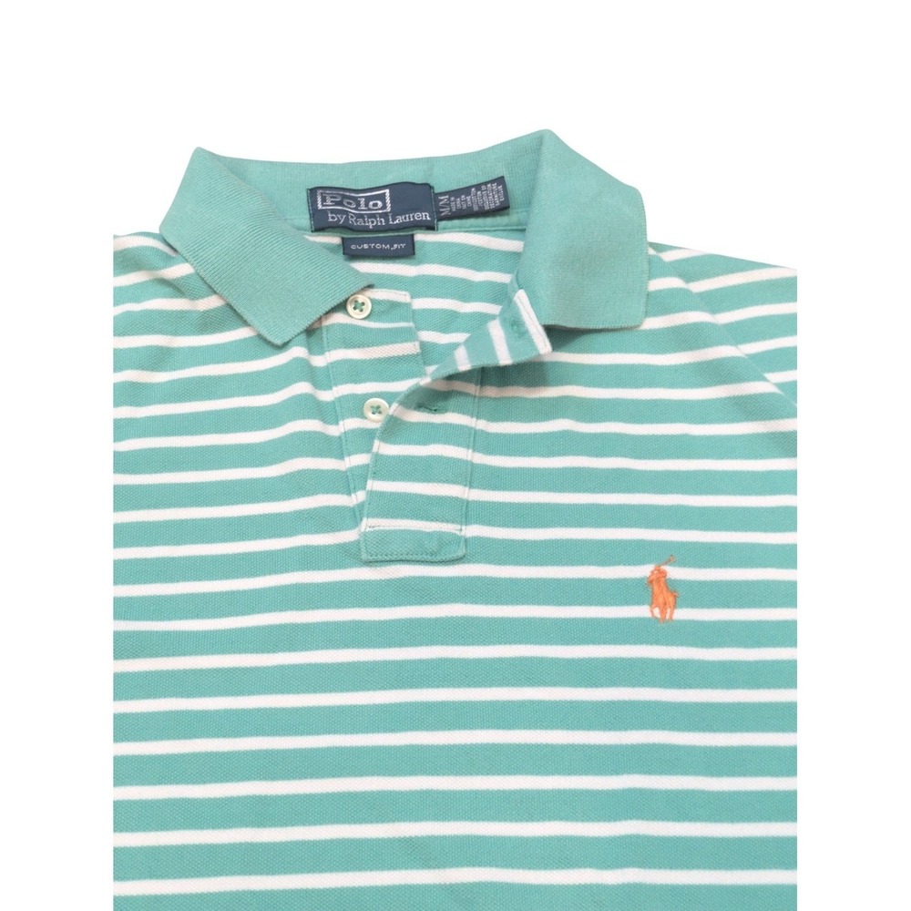 Polo Ralph Lauren Men's M Green Cotton Custom Fit Striped Short Sleeve‎ Polo
